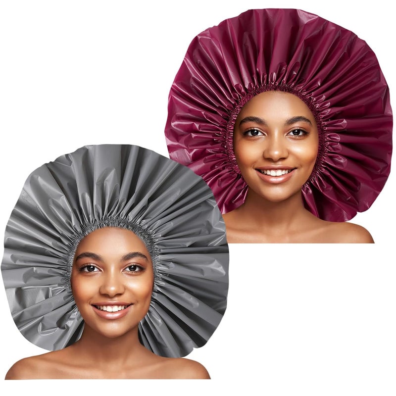 CHFONG Jumbo Size Shower Cap 2 PCS Waterproof Shower Caps for Women, Extra Large Shower Cap, Reusable Super Large Bath Caps Hair Cap for Long Thick Curly Hair, Locs, Twist Braids - Grey+Purple-red - Image 1